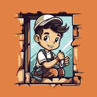 A cartoon boy sitting in a window with a hammer vector