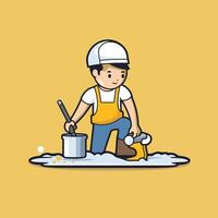 A man in a hard hat and overalls is pouring water into a bucket vector