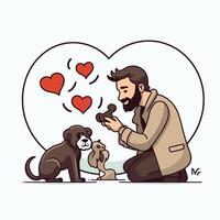 A man with a beard and a dog are looking at each other vector