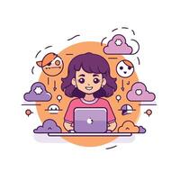 A woman is sitting at a desk with a laptop and a cloud vector