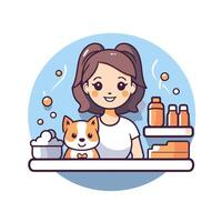 A woman with a dog and a bottle of shampoo vector