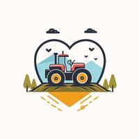Tractor in heart shape with mountains and trees vector