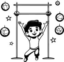 A boy doing gymnastics on a bar coloring page vector