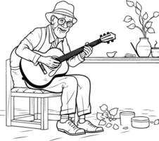 An old man playing the guitar coloring page vector