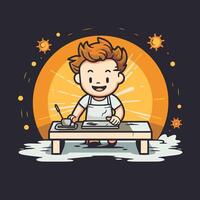 A cartoon boy is sitting at a table with a knife vector