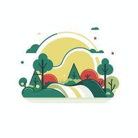 A flat design of a forest with trees and sun vector