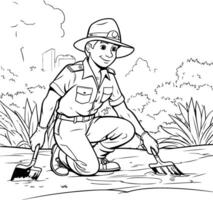 A coloring page with a man in uniform kneeling down to pick up dirt vector