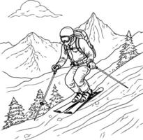 A man skiing down a mountain in the snow coloring page vector