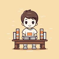 A boy sitting at a table with books and a book vector