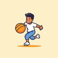 A cartoon boy playing basketball on a yellow background vector