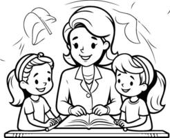 Teacher reading to children coloring page vector