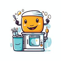 A cartoon character with a bowl of food and a microwave vector
