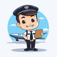 A cartoon pilot holding a clipboard and standing in front of an airplane vector