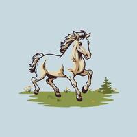 A horse running in the grass with trees in the background vector