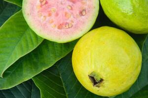 Fresh ripe guava and sliced, sliced guava on wooden table with natural background photo
