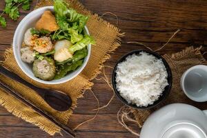 Yong tau foo , yong tau fu or Liong Tahu. is a Hakka Chinese cuisine consisting primarily of tofu filled with ground meat mixture or fish paste. photo
