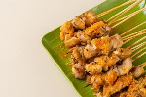 Sate taichan or Taichan satay with grilled chicken skin is a variation of chicken satay grilled and served without peanut or ketchup served with chili sauce. photo