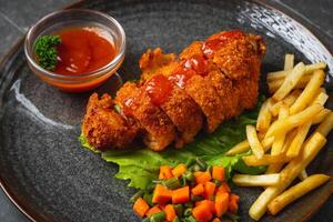 A chicken cordon bleu or schnitzel cordon bleu is a dish of meat wrapped around cheese, then breaded and pan-fried or deep fried. photo