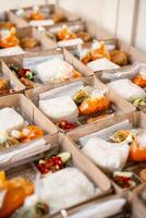 In Indonesian it is called Rice Box or Nasi kotak with perkedel kentang. Usually distributed during celebrations or catering packaging. photo