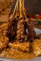 Pork Satay or Sate Babi. Pork Satay served with a Peanut sauce and slices of lontong or ketupat photo