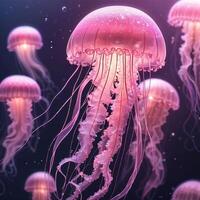 Soft pink and light yellow jellyfish There is a sparkling light under the sea photo