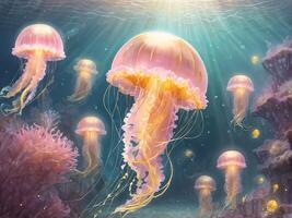 Soft pink and light yellow jellyfish There is a sparkling light under the sea photo