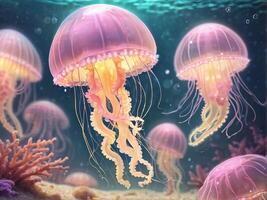Soft pink and light yellow jellyfish There is a sparkling light under the sea photo