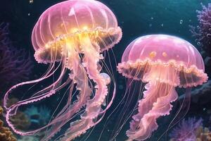 Soft pink and light yellow jellyfish There is a sparkling light under the sea photo