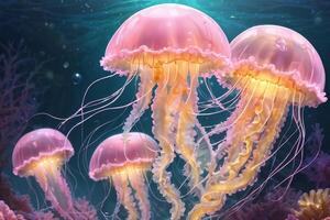Soft pink and light yellow jellyfish There is a sparkling light under the sea photo