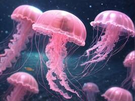 Soft pink and light yellow jellyfish There is a sparkling light under the sea photo