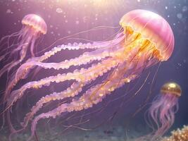 Soft pink and light yellow jellyfish There is a sparkling light under the sea photo