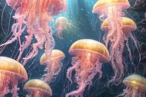 Soft pink and light yellow jellyfish There is a sparkling light under the sea photo