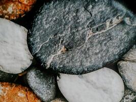 photo shows smooth, rounded stones arranged in a mosaic. The stones vary in color and texture.