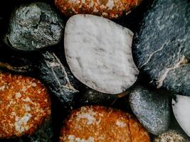 photo shows smooth, rounded stones arranged in a mosaic. The stones vary in color and texture.