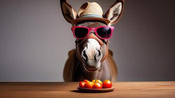 donkey in a hat and sunglasses, standing in front of the table with a tomatoes photo
