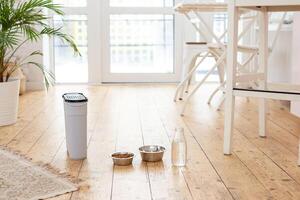 Two bowls for animals and a gray container with animal feed, stand on a wooden floor in a kitchen photo