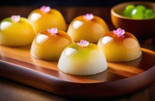 Delicious Japanese sweets with flower decorations on wooden tray. photo