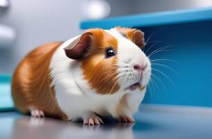 A cute golden guinea pig lie on a table in the blue veterinary office photo