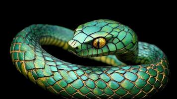 Intricately carved green snake with bright emerald eyes, symbolizing 2025. photo