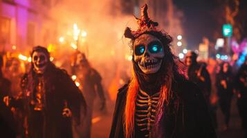 Crowd dressed in skeleton costumes during a nighttime Halloween parade, holding glowing lanterns and creating a spooky festive atmosphere. photo
