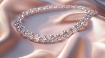 A close-up of a sparkling diamond necklace elegantly displayed on luxurious white satin fabric, highlighting its brilliance and sophistication. photo