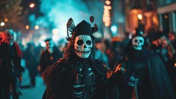 Crowd dressed in skeleton costumes during a nighttime Halloween parade, holding glowing lanterns and creating a spooky festive atmosphere. photo