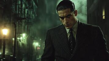 A stern-looking man in a pinstripe suit stands in a dimly lit, foggy alley at night, evoking a noir atmosphere. photo