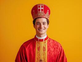S t. nicholas con un calentar sonrisa, vestido en un rojo del obispo túnica y inglete, soportes en contra un brillante naranja fondo, celebrando S t. nicholas día. foto