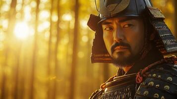 A focused samurai warrior in traditional armor stands in front of a glowing sunset, symbolizing honor, strength, and resilience. photo