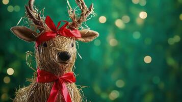 A traditional Julbock made of straw, decorated with bright red ribbons, standing against a vibrant green background, representing Scandinavian Christmas traditions. photo