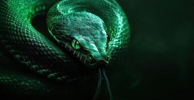 Intricately carved green snake with bright emerald eyes, symbolizing 2025. photo