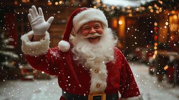 A cheerful Santa Claus waving, dressed in a classic red suit with white fur trim, standing in a festive, snow-covered street filled with warm holiday lights. photo