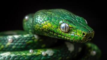 Green wooden snake with intricate design and pearlescent eyes, capturing attention. photo