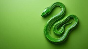 Modern green snake sculpture with clean design, set against a monochrome green backdrop. photo